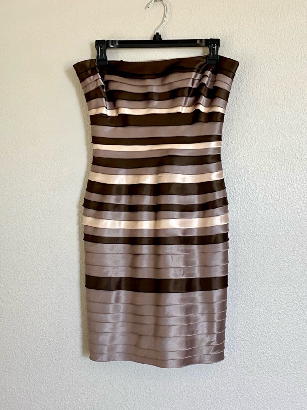 BCBGMaxAzria Strapless Satin Stripe Bandage Sheath Dress in Brown and Cream